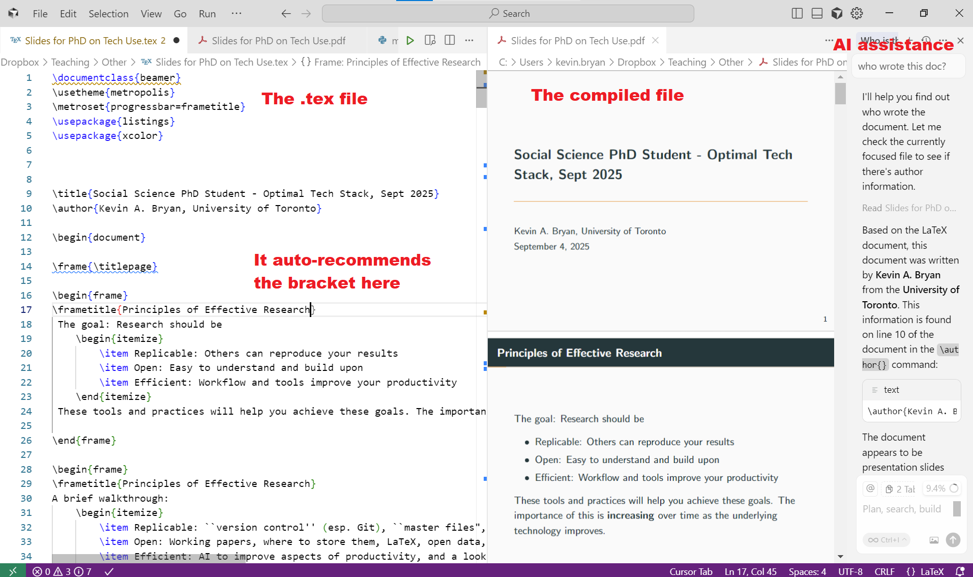 Side-by-side LaTeX editing and PDF preview in Cursor